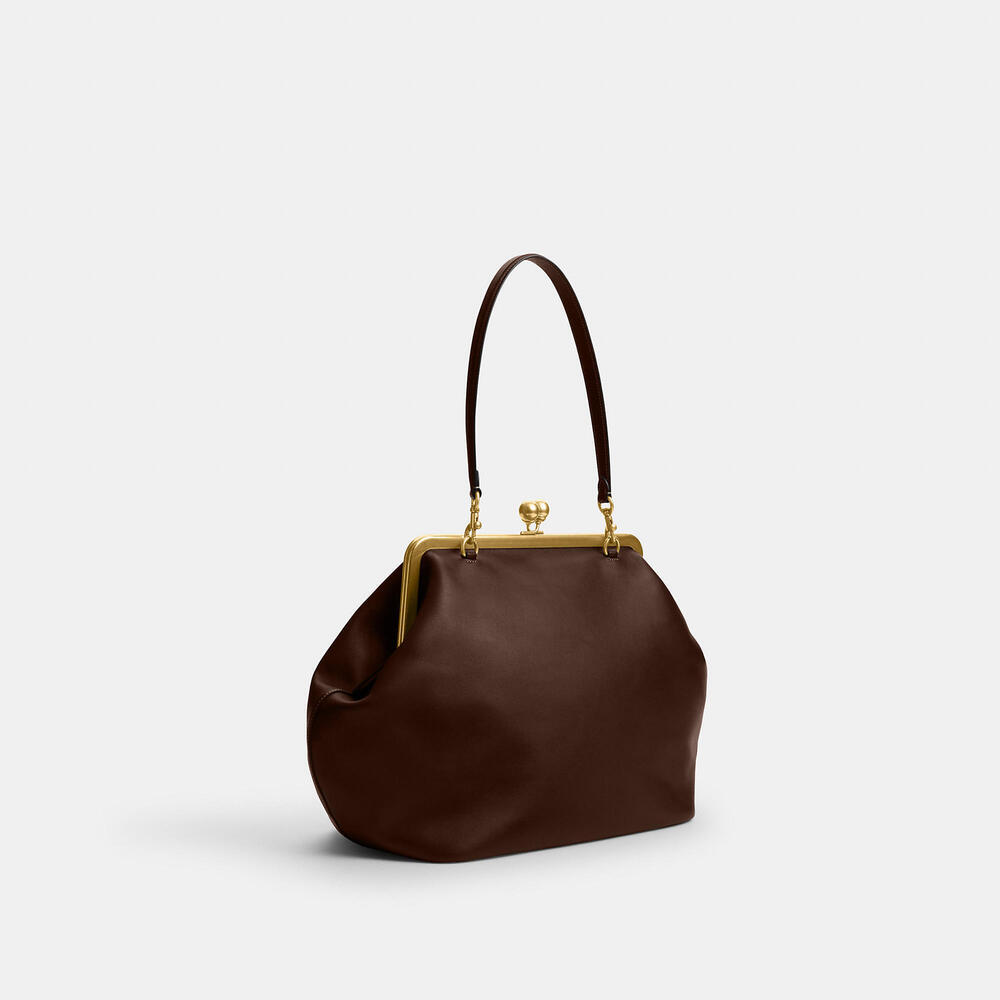 Coach Large Kisslock Frame Bag Designer Crossbody Brass/Brown w/Scratch - Picture 10 of 16